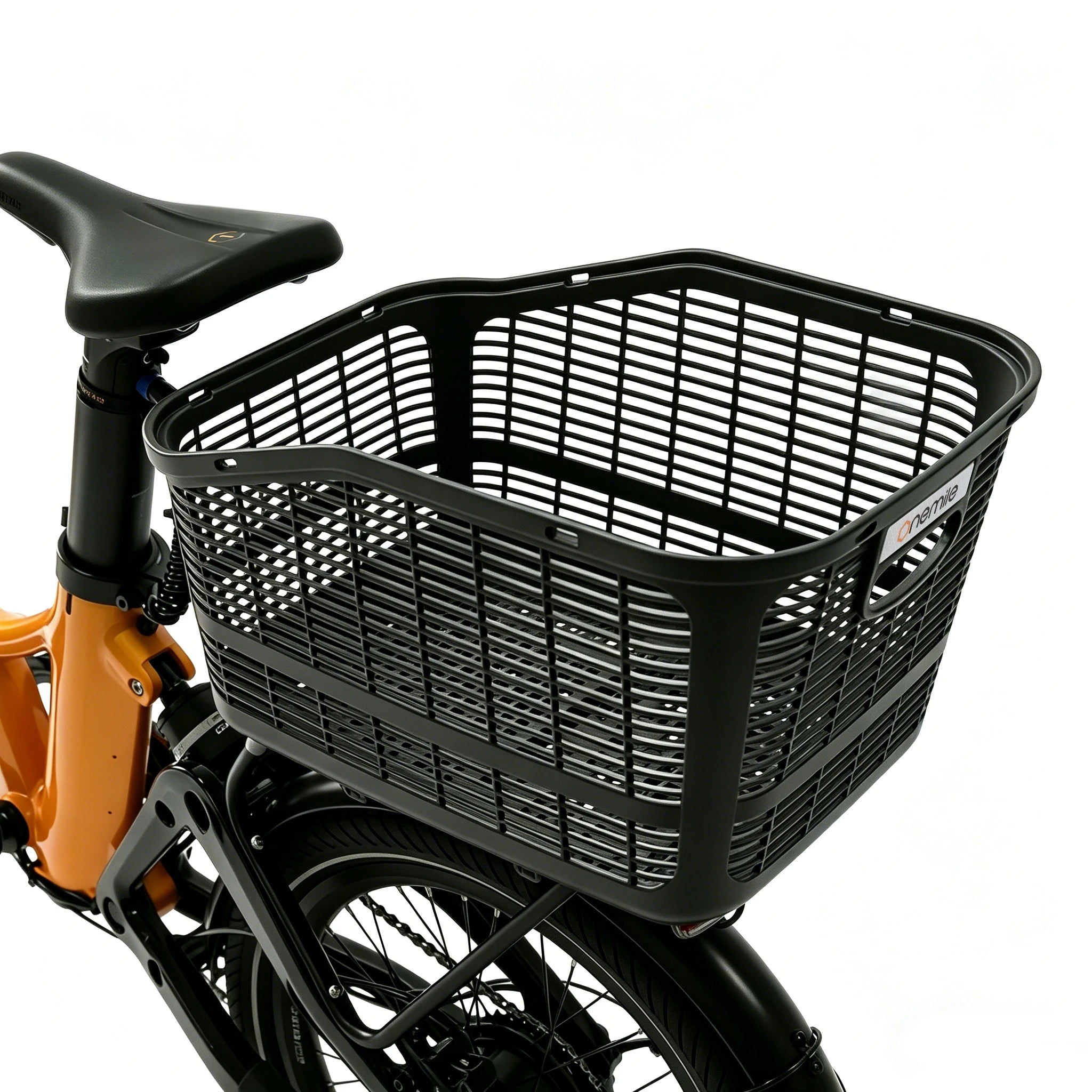 Onemile e-bike rear rack basket mounted behind the saddle for extra cargo storage