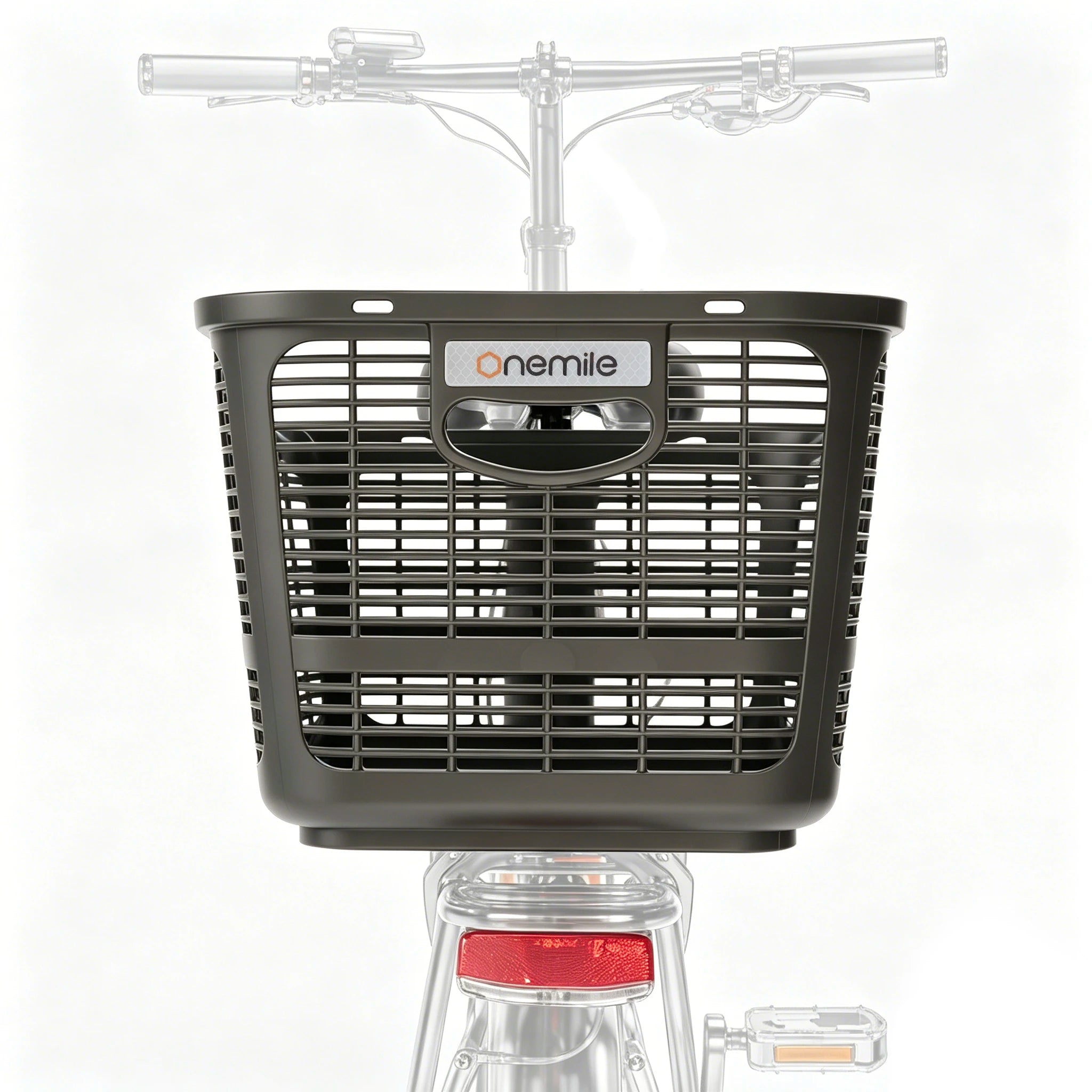 Onemile e-bike rear rack basket mounted behind the saddle for extra cargo storage